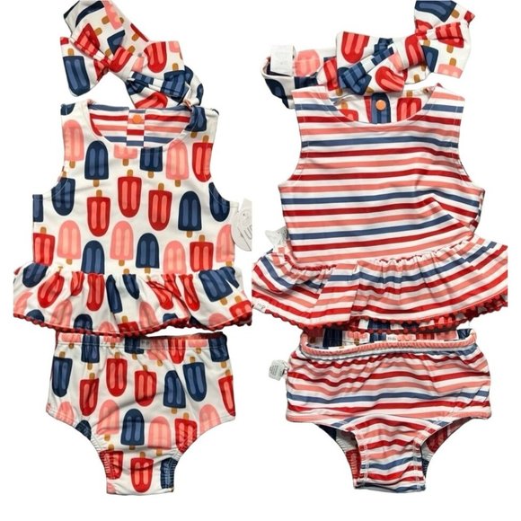 Mud Pie 12-18m Popsicle-Printed/Striped Reversible 2pc swimsuit tankini headband